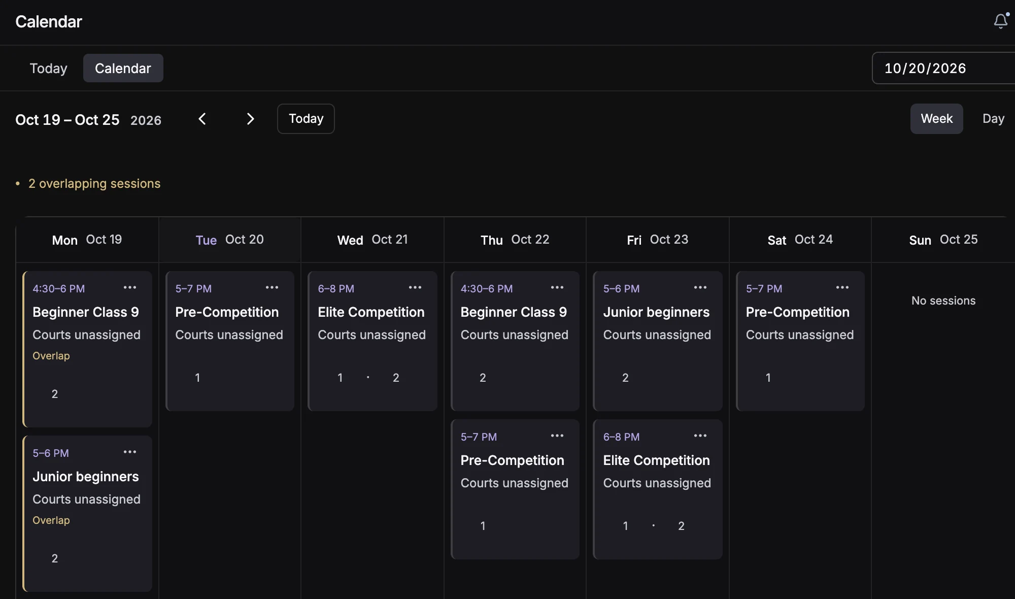 MatchPoint academy calendar screen. Fictional sample data.