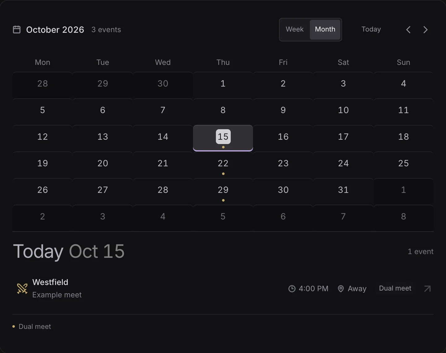 Example team’s calendar with meet dates and locations.